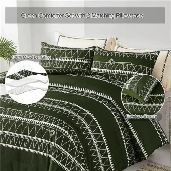 Olive Green Comforter Set King (104"×90"),Reversible Green Boho Triangle Pattern - Picture 4 of 8